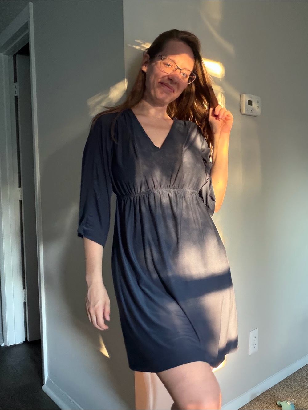 Soma Navy 3/4 sleeve V-Neck navy swing mini Dress small UEC